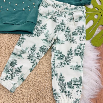 Conj. Casaco com Perolas e Calça de Moletom - Verde e Off White